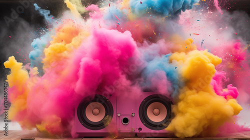 Abstract watercolor background with watercolor, Disco party vibe Colorful speakers in the background creating excitement, Electrifying Night A Black, Pink, Blue, and Yellow Music Party Speakers, Ai