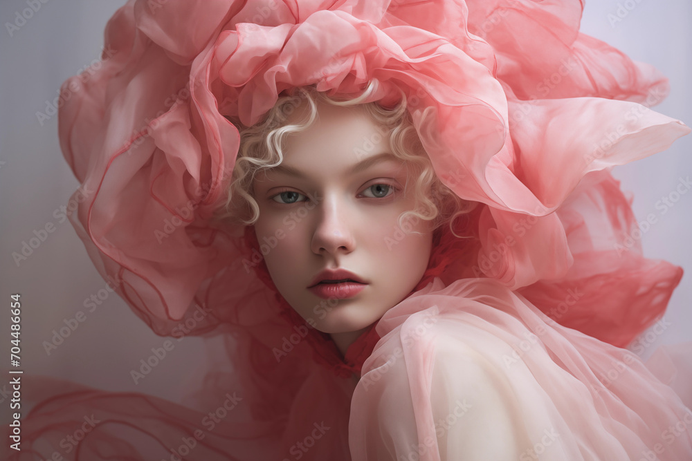 Close-up artistic portrait of a young woman surrounded in flowing pink and red fabric, creating a floral effect