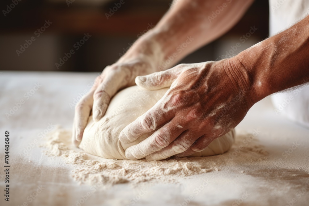 baker's hands knead the dough in the bakery.The concept of creating fresh bread