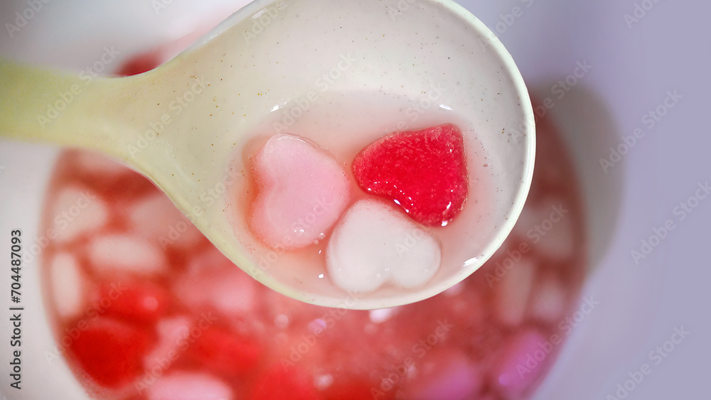 Sweet dessert heart shape made from flour boiling in hot water, representing love and romance. Lovely valentine sweet backdrop. Top View, generative ai Sweet dessert heart shape made from flour boiling in hot water, representing love and romance. Lovely valentine sweet backdrop. Top View, generative ai