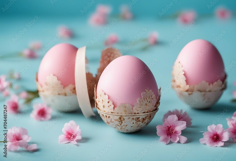 Colorful Easter eggs and blooming pink flowers on light blue background copy space