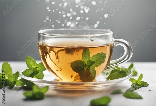 Cup of herbal tea with splashes and mint leaves flying in the air on light background with copy space