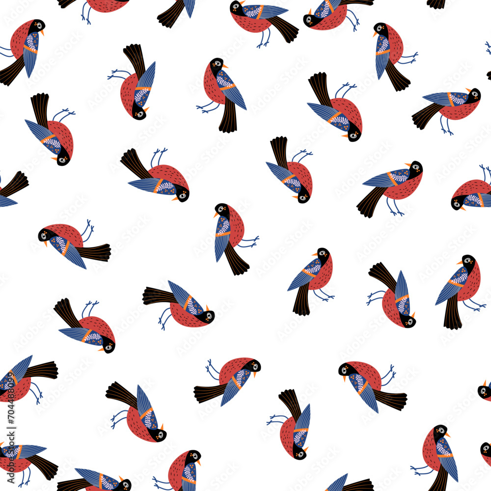 Seamless pattern with birds. Decorative flowers. Pattern with stylized birds. Vector, Flat style.