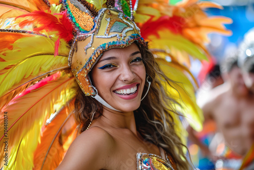 Beautiful Latin woman dancing on the streets during carnival.