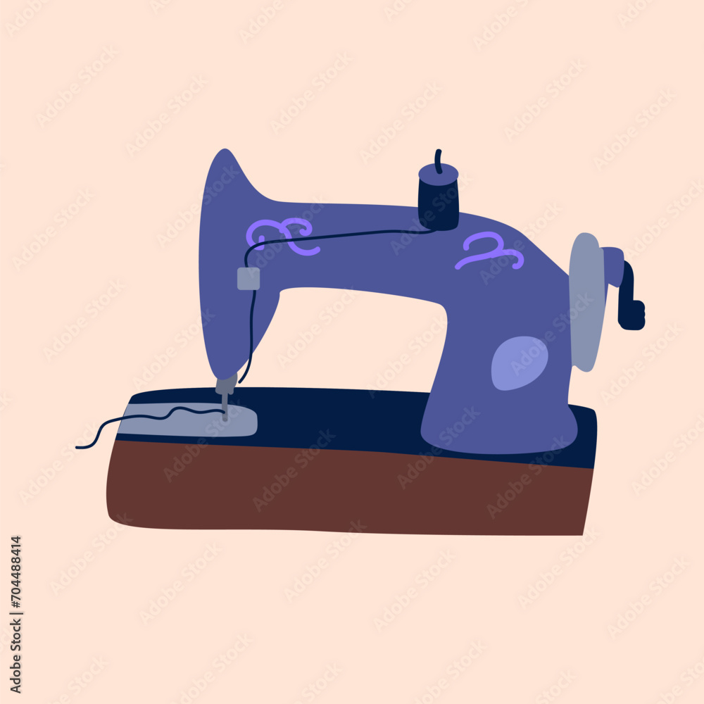 Retro vintage sewing machine in cartoon style. Vector illustration on peach fuzz color background. Can used for hand made design element, card, banner, postcard. 