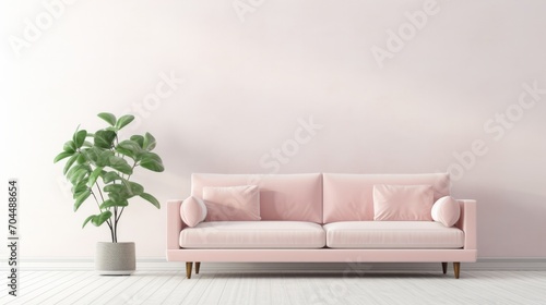 A Cozy Living Room with a Pink Couch and a Potted Plant