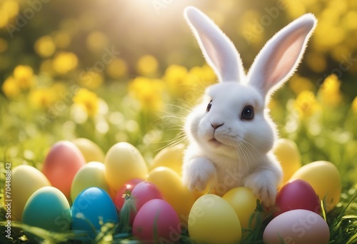 Easter bunny and eggs and yellow flowers on sunny background copy space © ArtisticLens