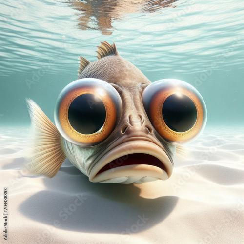 surprised fish with huge eyes swims in water angle shot underwater on solid white background. ai generative