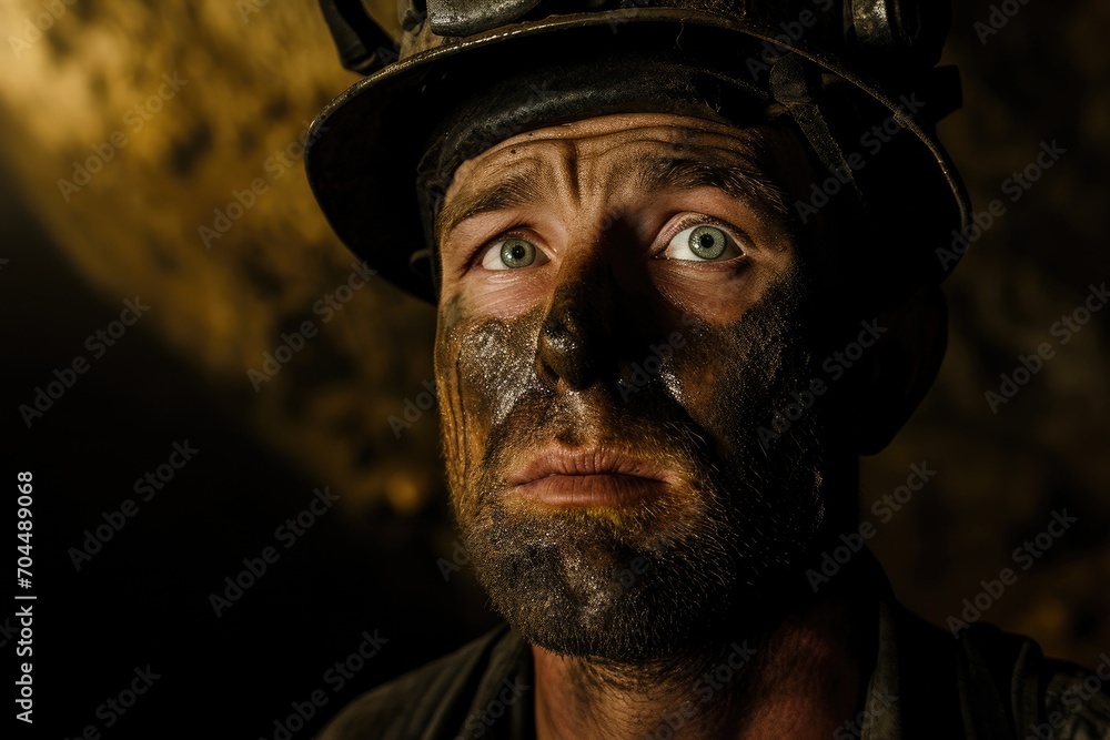 A rugged man with a helmet and dirt-covered face, his beard and mustache adding to his weathered appearance, stares into the distance with a sense of determination and resilience A rugged man with a helmet and dirt-covered face, his beard and mustache adding to his weathered appearance, stares into the distance with a sense of determination and resilience