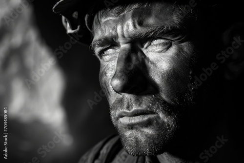 A monochrome portrait of a weathered man, wearing a black hat and sporting a dirty face with deep wrinkles, evoking a sense of resilience and hardship in his human journey