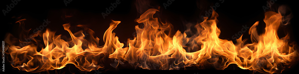 burning fire - horizontal line of flames on black background burning fire - horizontal line of flames on black background