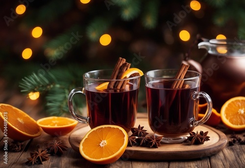 Glass and teapot of mulled wine with slices of oranges cinnamon and anise on wooden table