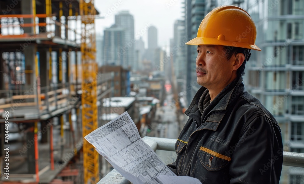 Amidst the bustling city, a determined blue-collar worker in his hard hat stands proudly, holding plans in hand as he prepares to construct a new building and shape the future of the urban landscape Amidst the bustling city, a determined blue-collar worker in his hard hat stands proudly, holding plans in hand as he prepares to construct a new building and shape the future of the urban landscape