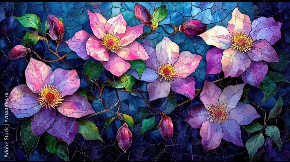 Stained glass window background with colorful Flower and Leaf abstract. Stained glass window background with colorful Flower and Leaf abstract.