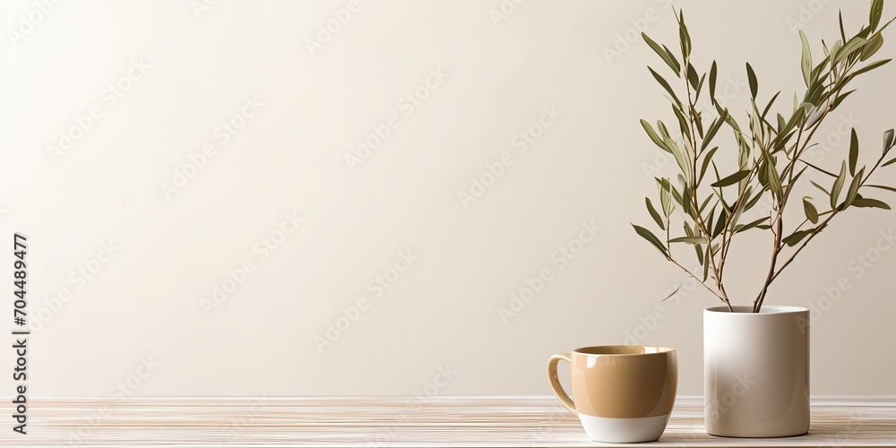 Minimal Scandinavian dining room with olive tree branches in a beige vase, a brown cup of coffee, tea, and old books on a wooden table against a white wall background.
