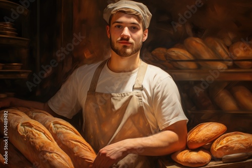 A skilled man in a crisp baker's uniform crafts warm, crusty bread with a human touch, filling the room with the aroma of fresh baked goods