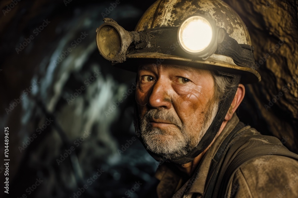 A rugged man explores the dark depths of a cave, his face illuminated by the glow of his helmet's light