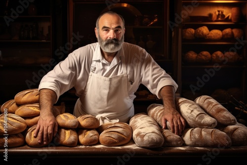 A skilled baker proudly displays his freshly baked bread, tempting passersby with the irresistible aroma of his delicious treats