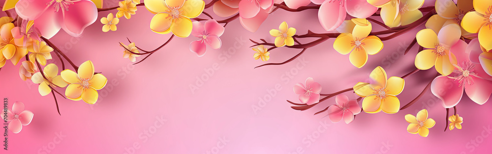 Spring Banner with Yellow Cherry Blossoms on Pink Background