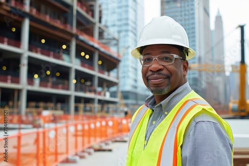 Amidst the bustling city streets, a hardworking construction worker dons his blue collar attire of a safety vest and hard hat, ready to take on the challenges of building our urban landscape