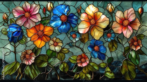 Stained glass window background with colorful Flower and Leaf abstract.