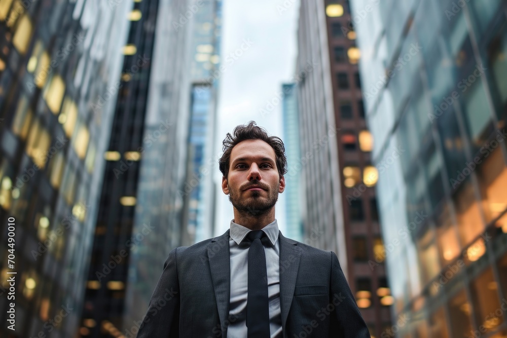 In the bustling metropolis, a gentleman stands tall in his suit and tie, his confident smile a sharp contrast to the towering buildings and busy streets surrounding him