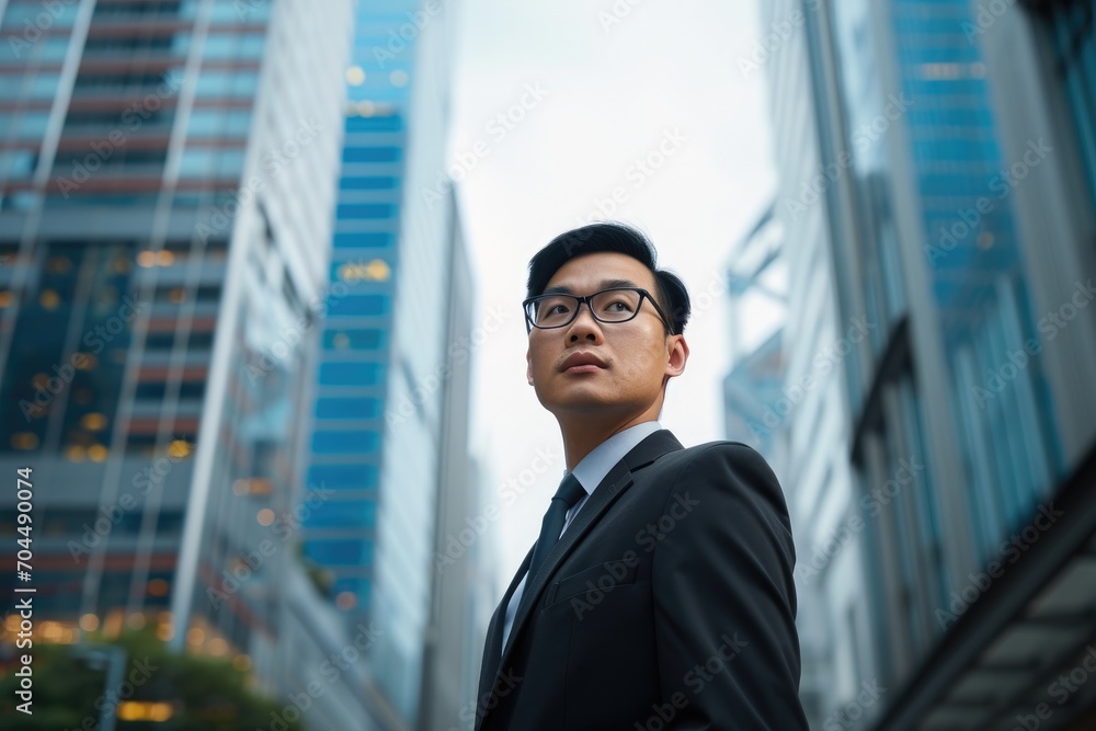 A stylish gentleman stands confidently outside a towering skyscraper, his sharp suit and tie reflecting the modernity of the city A stylish gentleman stands confidently outside a towering skyscraper, his sharp suit and tie reflecting the modernity of the city