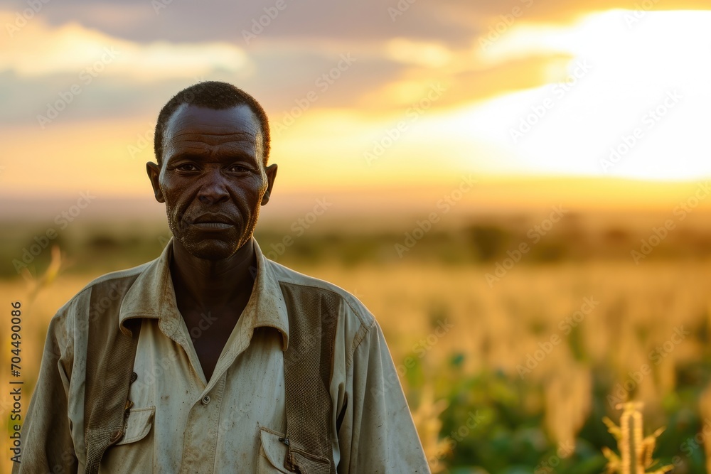 A solitary figure stands tall in a vast field, his face turned towards the setting sun as he gazes upon the bountiful crops and golden grass swaying in the gentle breeze under a painted sky, his glas