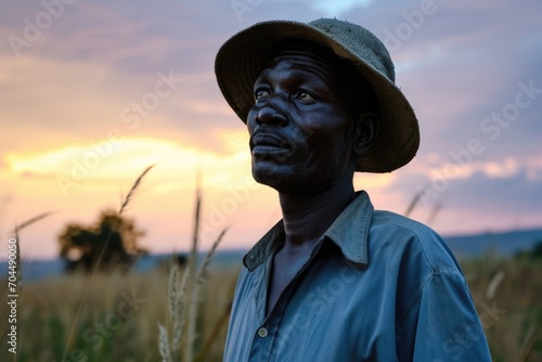 In a sunlit field, a man stands tall, his face framed by a wide-brimmed hat as he gazes up at the vast expanse of sky and crops swaying in the gentle breeze