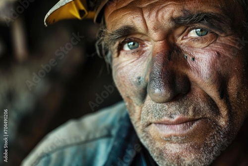 A weathered man  marked by time and experience  gazes confidently from beneath his hard hat  a symbol of his resilience and dedication in the outdoor world