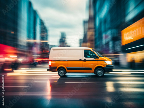 An orange delivery van driving through the city as a business concept