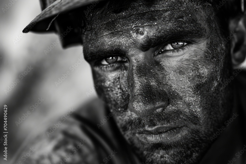 A weathered man with a rugged face and deep wrinkles, wearing a worn hat, stands in a desolate outdoor landscape, captured in striking monochrome A weathered man with a rugged face and deep wrinkles, wearing a worn hat, stands in a desolate outdoor landscape, captured in striking monochrome