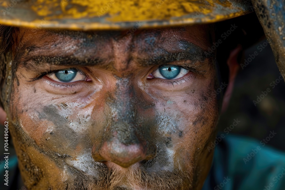 A rugged man with piercing blue eyes gazes out from the gritty outdoors, his face weathered with wrinkles and dirt, a portrait of resilience and strength A rugged man with piercing blue eyes gazes out from the gritty outdoors, his face weathered with wrinkles and dirt, a portrait of resilience and strength