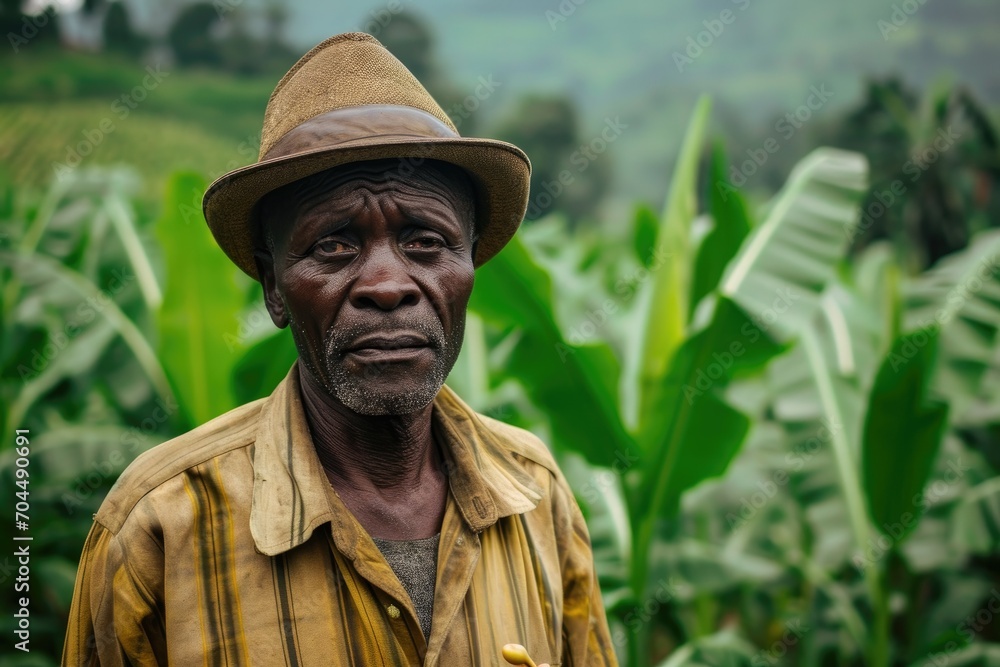 A weathered farmer stands in a lush field, his face hidden beneath a wide-brimmed sun hat as he tends to his crops
