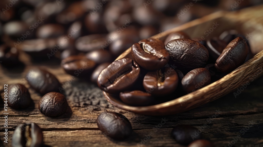 Coffee beans in a wooden spoon on a dark vintage wooden background. Close-up. AI generated.
Coffee beans in a wooden spoon on a dark vintage wooden background. Close-up. AI generated.