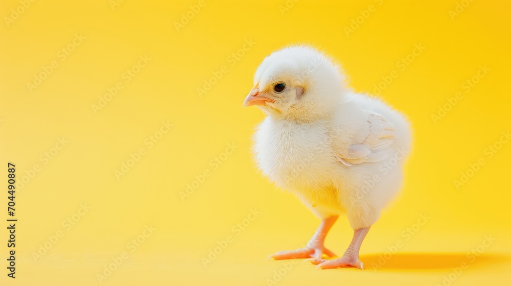Cute little yellow chicken on a yellow background. Close-up. AI generated.
Cute little yellow chicken on a yellow background. Close-up. AI generated.