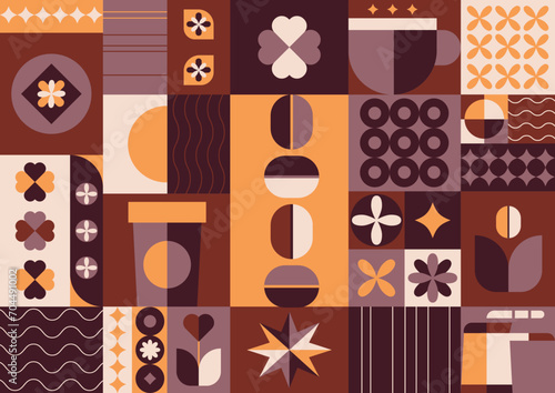 Coffee geometric background in minimal retro style.Abstract wall art.Ideal for coffee shop,bakery,branding,decoration,cover design, decorative print, background.Vector illustration EPS 10.