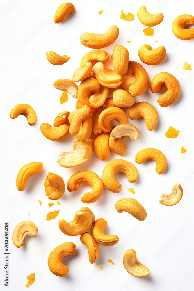 Cashew nuts flying on white background Cashew nuts flying on white background