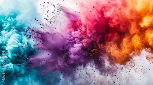 Explosión que cubre toda la imagen de humo y polvo de colores con fondo blanco