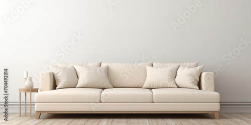 Basic interior design with cozy beige couch, room for text.
