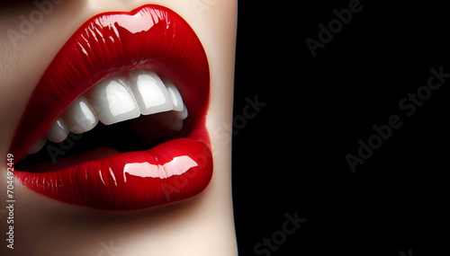 Close up view of beautiful woman lips with red lipstick and white teeth. Generative AI photo