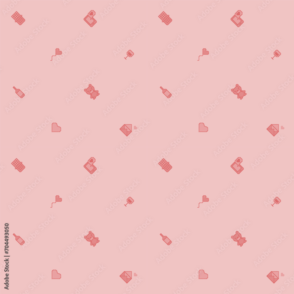 Set of pixelate, 8 bit icons seamless background for Valentine's Day
