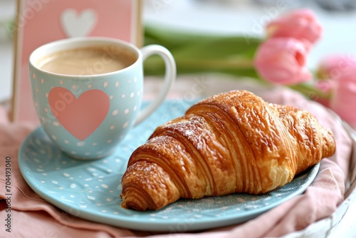 Cozy Breakfast Setting with Croissant and Coffee. Close-up of a fresh croissant on a pastel blue plate with a heart-patterned coffee cup.