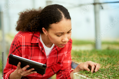 Close-up of multi-ethnic female farmer monitoring crops, holding tablet photo