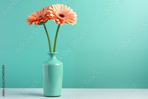 Gerbera on the vase  isolated green background  space for copy text.