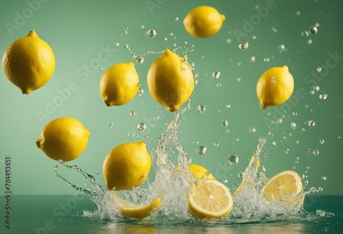 Ripe lemons flying in the air with splashes of water on yellow background