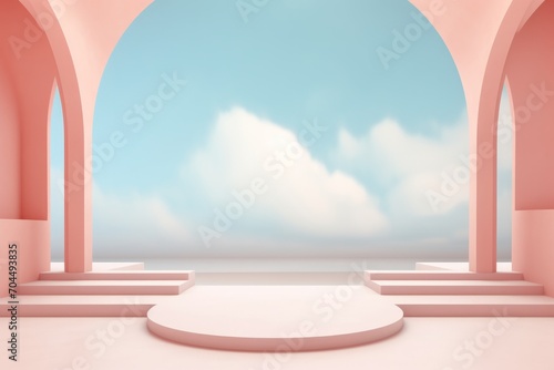 Pastel abstract illustration depicting pink arched staircase steps with empty space for mock up product presentation against a blue sky background © Sunny