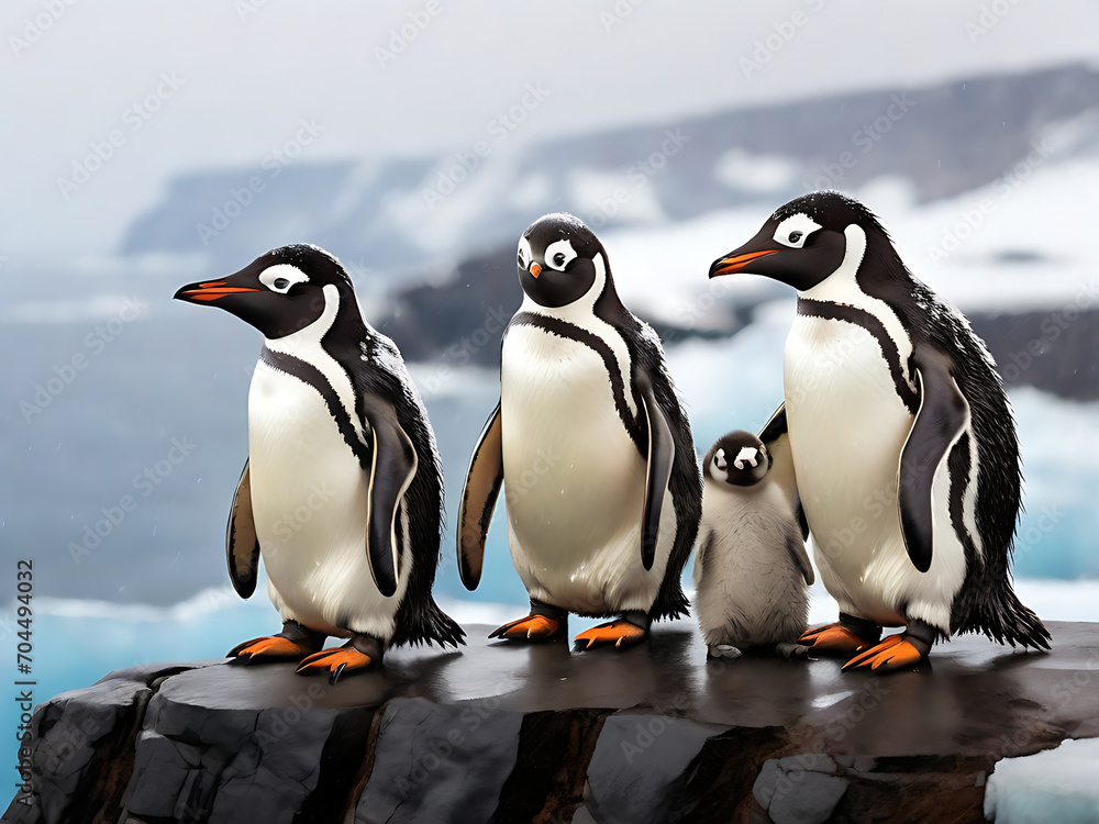Fototapeta premium A family of penguins huddled together on an icy cliff overlooking the vast expanse of the Antarctic