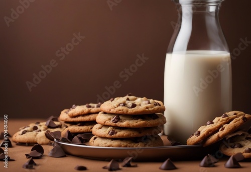 Stack of chocolate chip cookies and glass of milk on the table on brown background close up