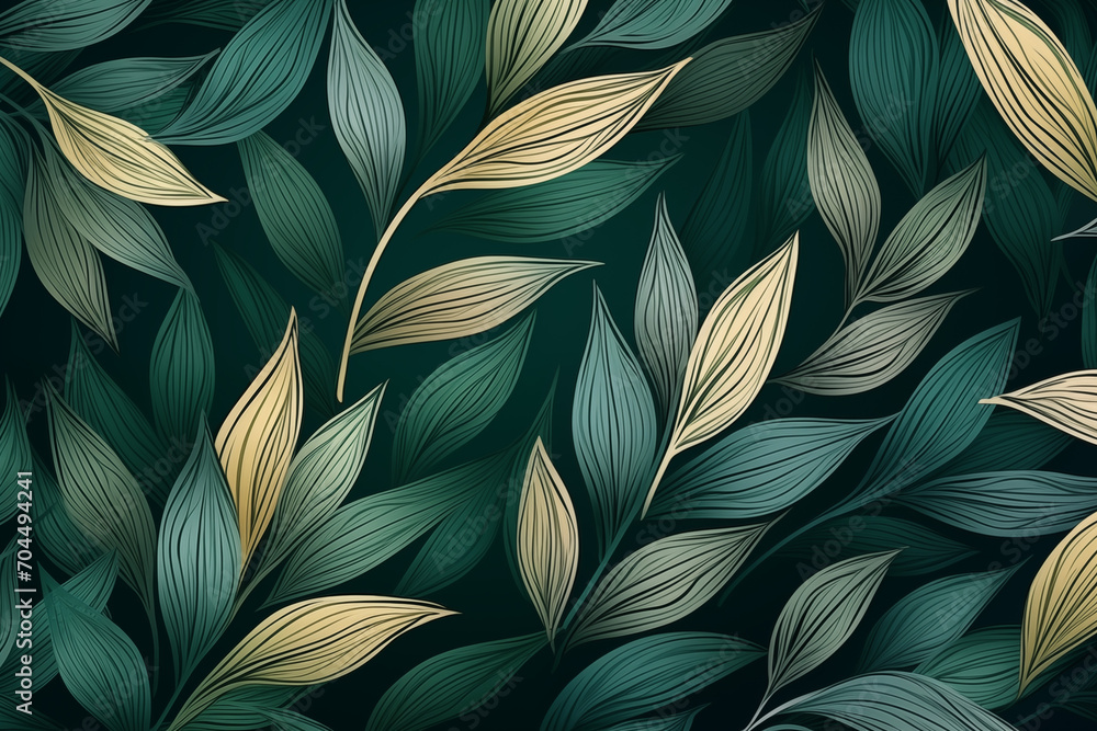 Botanical abstract green wallpaper with golden leaves pattern in line ...